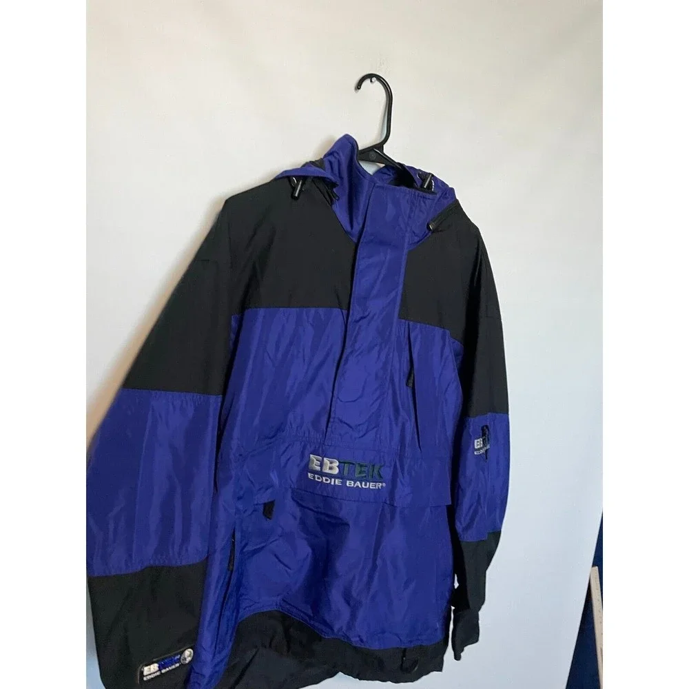 Eddie Bauer Ebtek Jacket Mens Small Blue Black Anorak Windbreaker Outdoor Zip Up